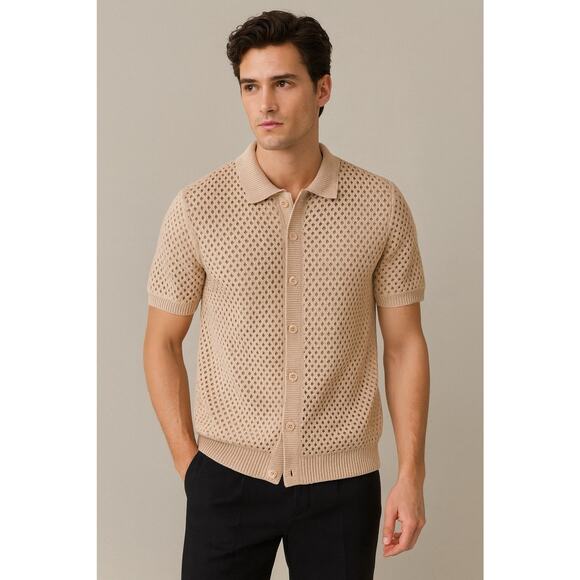 Sandstone Mens L Beige Knit Button Down Knit Polo Retro 70s Resort Quiet Luxury - Picture 1 of 10